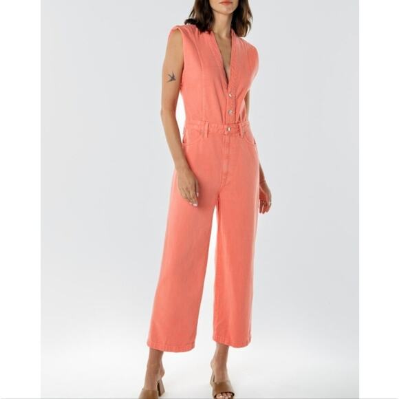 Etica Anthropologie Camden Denim Jumpsuit Coral Wide Leg Utility Small NWT - Picture 4 of 16